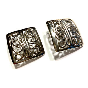 Vintage Clip On Earrings Silvertone Filigree Style Squares Mod 1980's Boss Lady